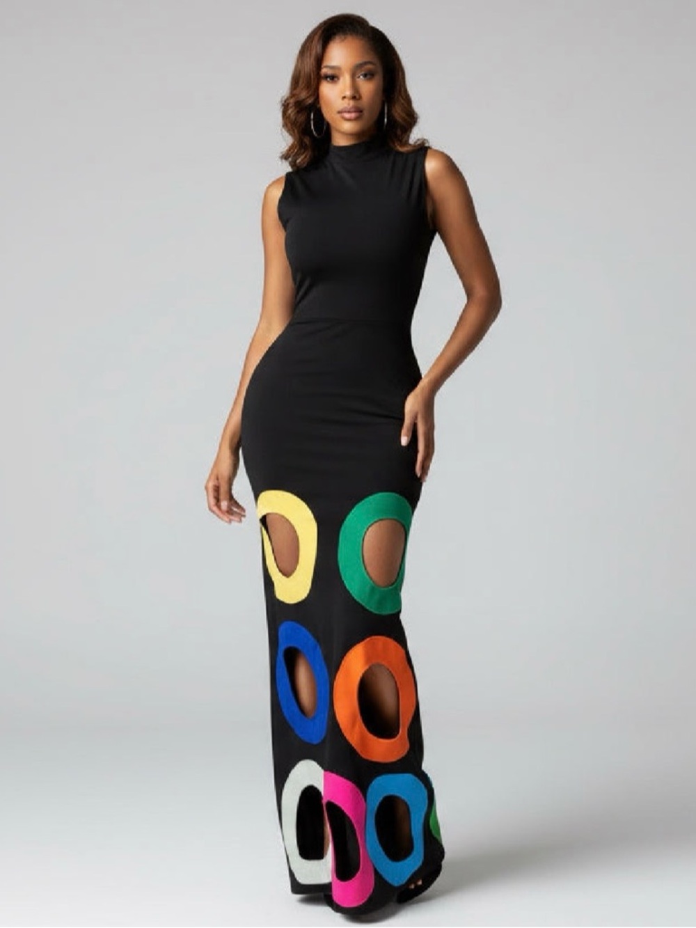 Black Sleeveless Maxi Dress with Multicolor Cutout Rings